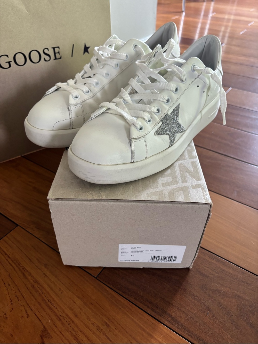 Purewhite Golden Goose White Sneakers with Silver Glitter Star Accent, size 40.